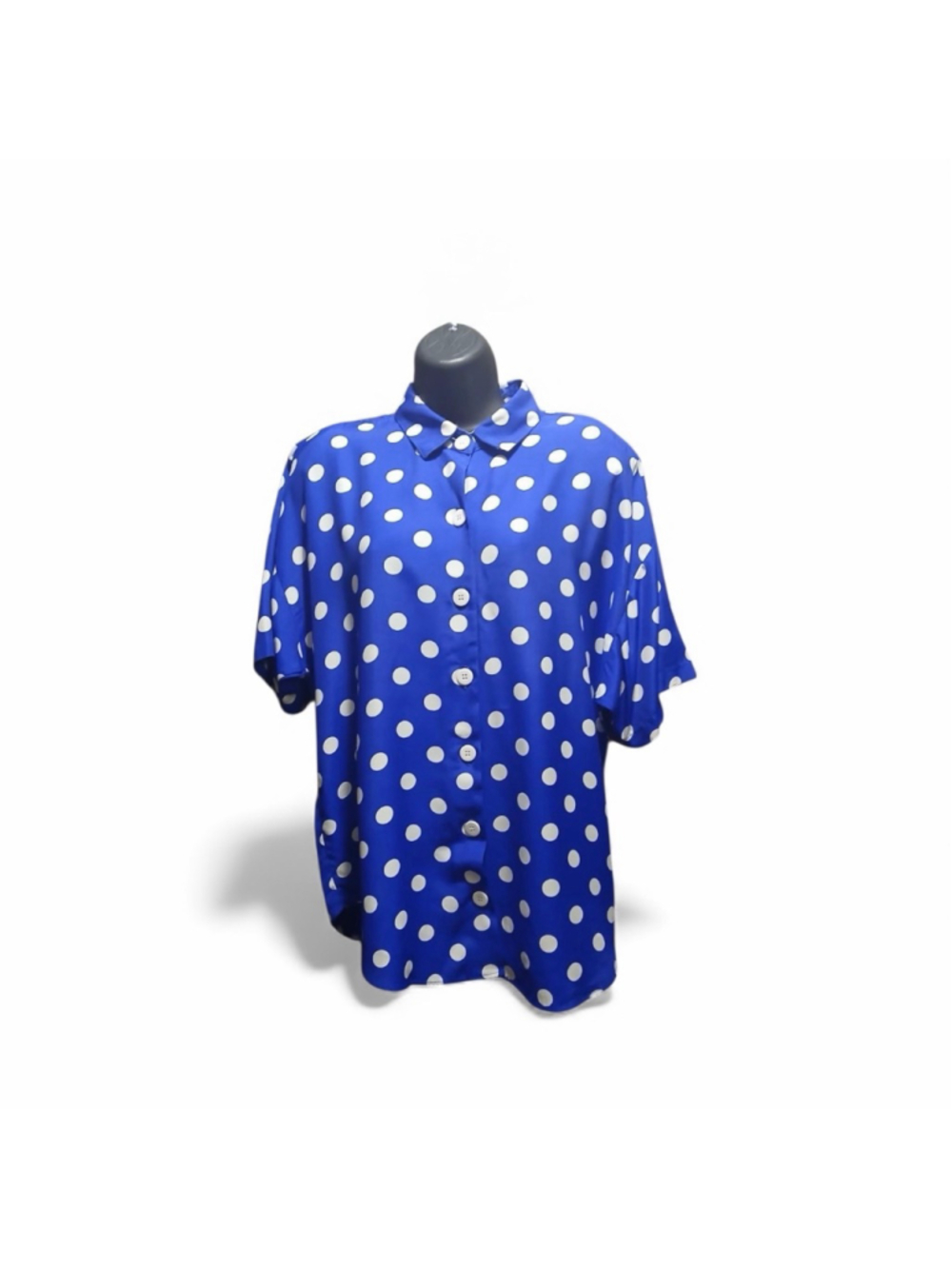 Casey & Max Vintage Blouse Large Blue Polka Dot Rayon Blend Button Up INV254 A3